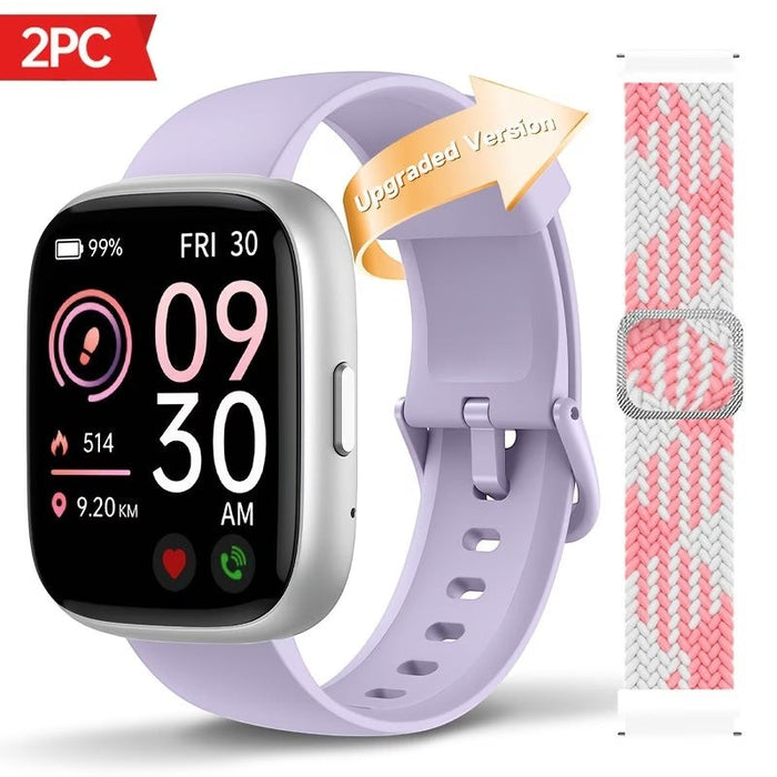 Blessing SellsHere smart watch with a lavender band and a pink and white braided replacement band. The watch face shows time, date, steps, and heart rate.