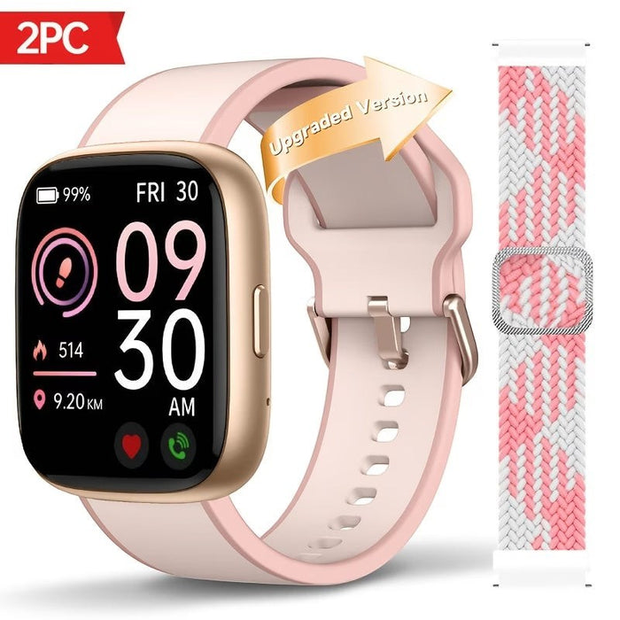 Blessing Sells smart watch with gold casing, pink band, and interchangeable pink and white braided strap. 1.83" HD screen displays time, date, and fitness stats.