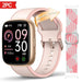 Blessing Sells smart watch with gold casing, pink band, and interchangeable pink and white braided strap. 1.83" HD screen displays time, date, and fitness stats.