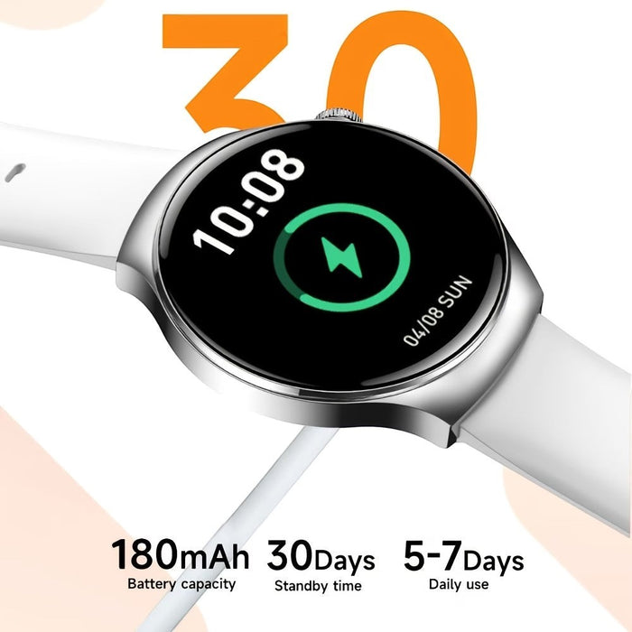 Blessing Sells Watch 4 Pro Smart Watch with white band, silver bezel, and black screen displaying time and charging icon.