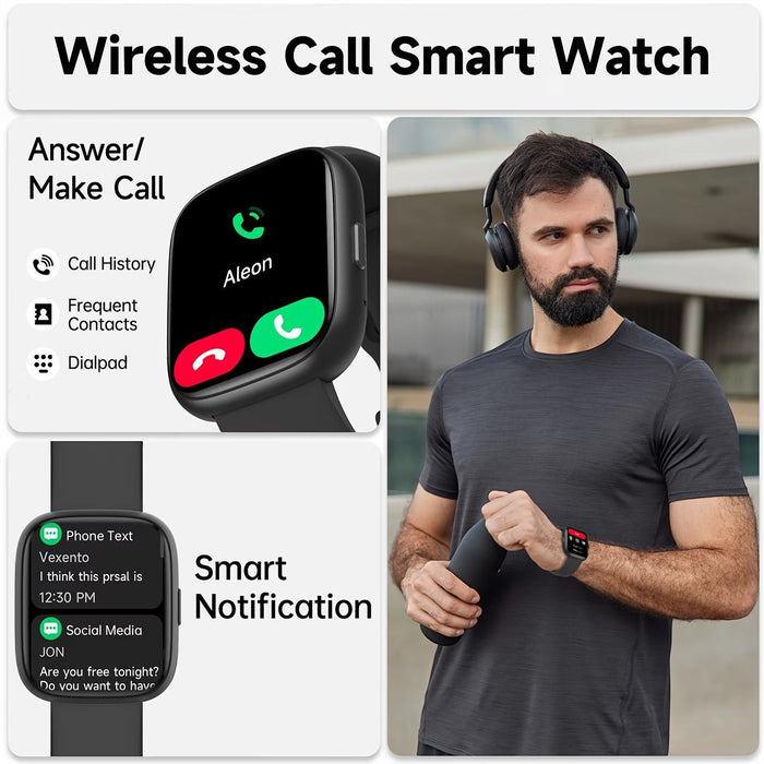 Blessing SellsHere smart watch with wireless calling and smart notifications on a man wearing headphones and workout clothes.