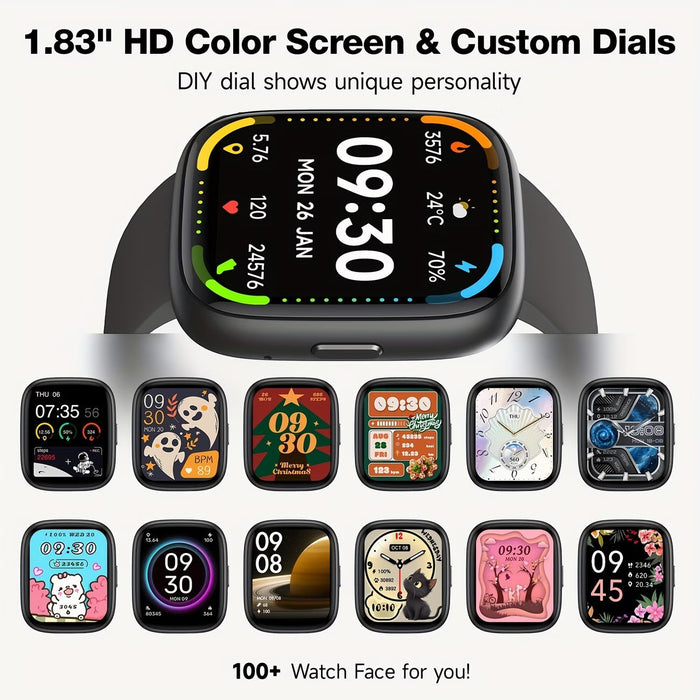 Blessing Sells Here smartwatch with 1.83" HD color touchscreen displaying time, date, steps, and weather. Multiple customizable watch faces shown below.