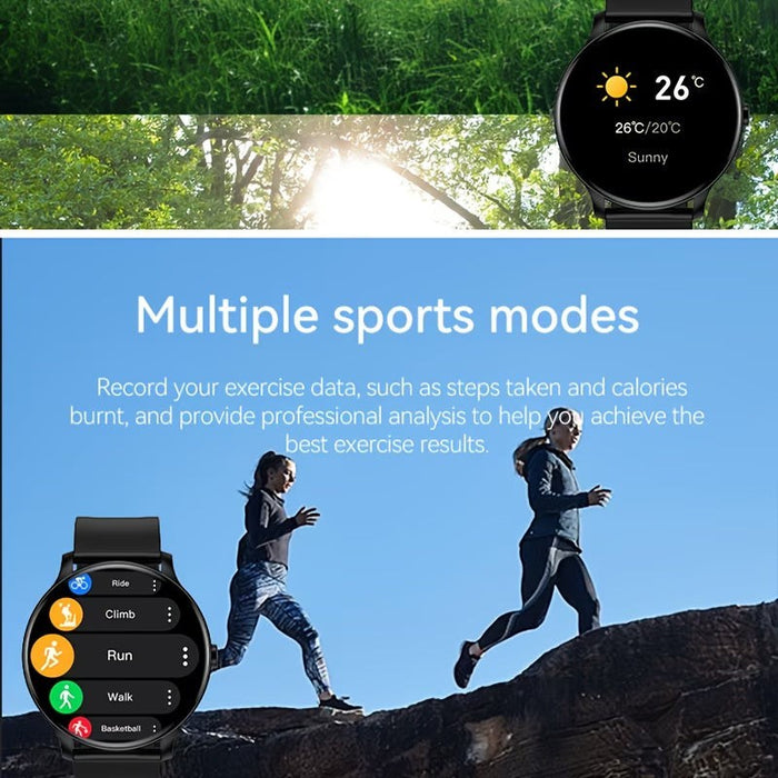 Blessing Sells black round smartwatch with interactive screen displaying weather, showing multiple sports modes for men and women.