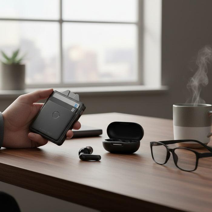 Blessing SellsHere Soundcore P40i by Anker black wireless earbuds with charging case and phone stand feature.
