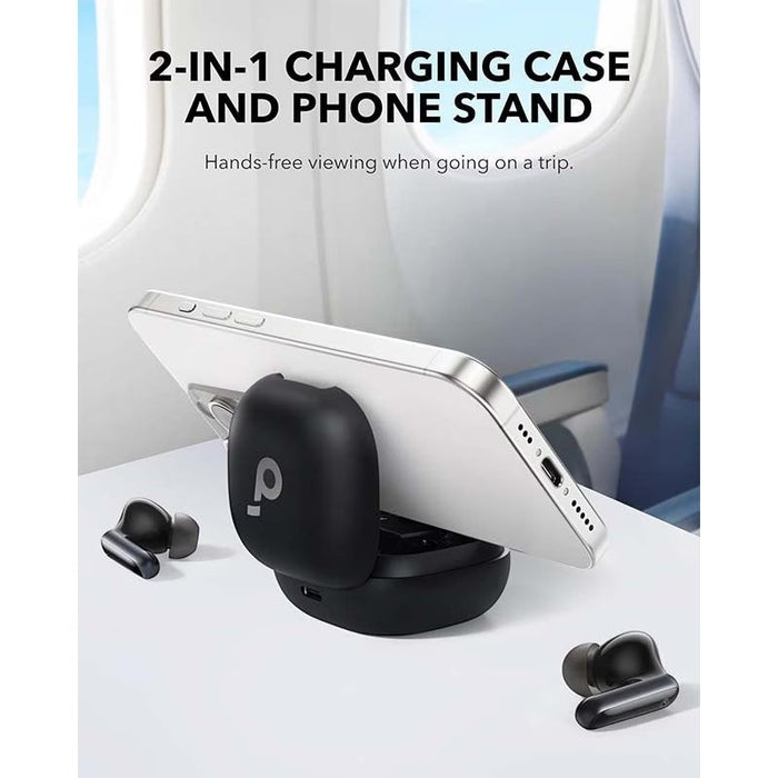 Blessing SellsHere Soundcore P40i black wireless earbuds with a 2-in-1 charging case that doubles as a phone stand.