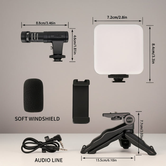 Blessing Sells smartphone vlogging kit with directional microphone, LED light, phone mount, mini tripod, and audio cable.