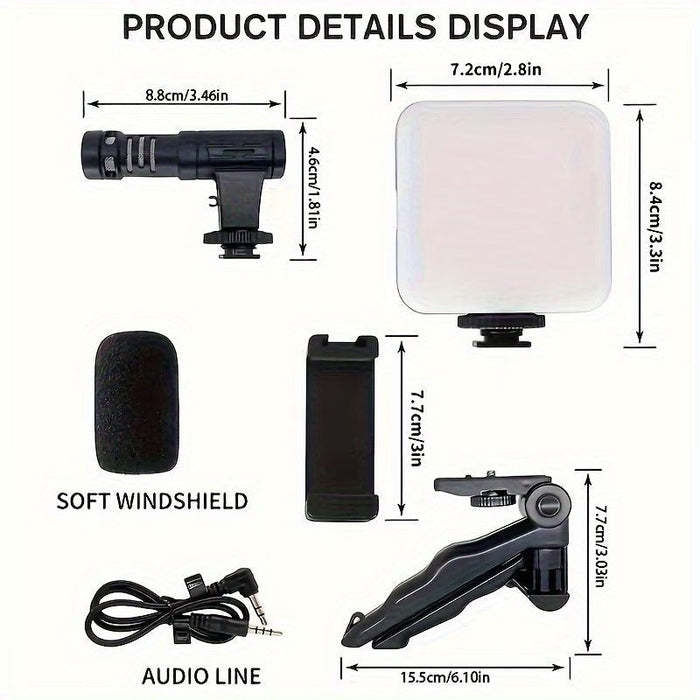 Blessing Sells smartphone vlogging kit with directional microphone, LED light, phone mount, mini tripod, and audio cable.