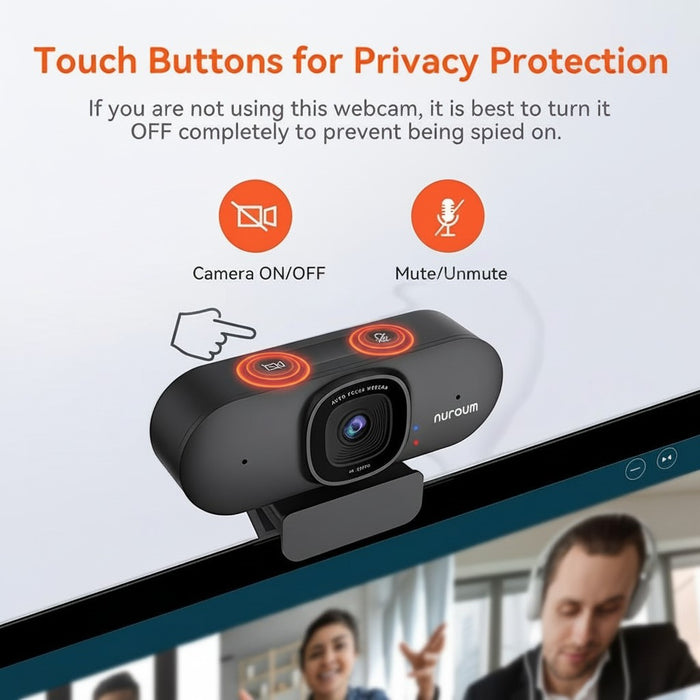 Blessing Sells webcam with AI auto framing, true autofocus, and touch buttons for camera on/off and mute. 1080P/2K/4K resolution.