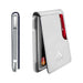 Blessing Sells white faux leather men's wallet with metal trim, magnetic closure, card slots, and RFID protection.