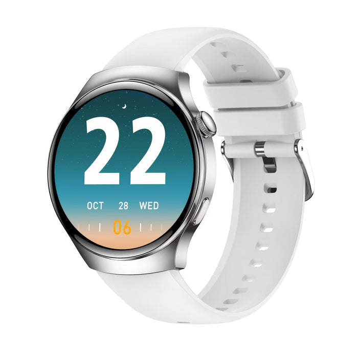 Blessing Sells white silicone band Watch 4 Pro Smart Watch with silver bezel and round digital display showing date and time.