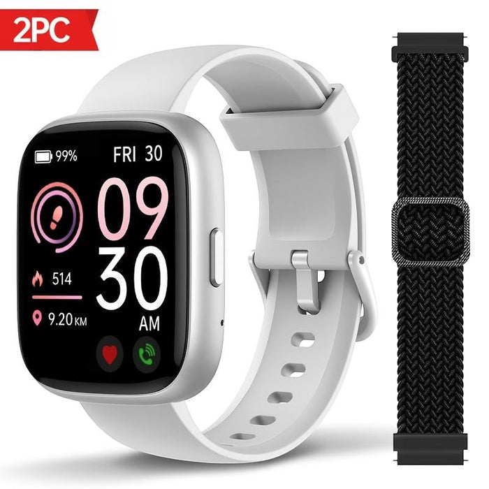 Blessing SellsHere white smartwatch with a large HD touch screen and a black braided watch band. Features fitness tracking.