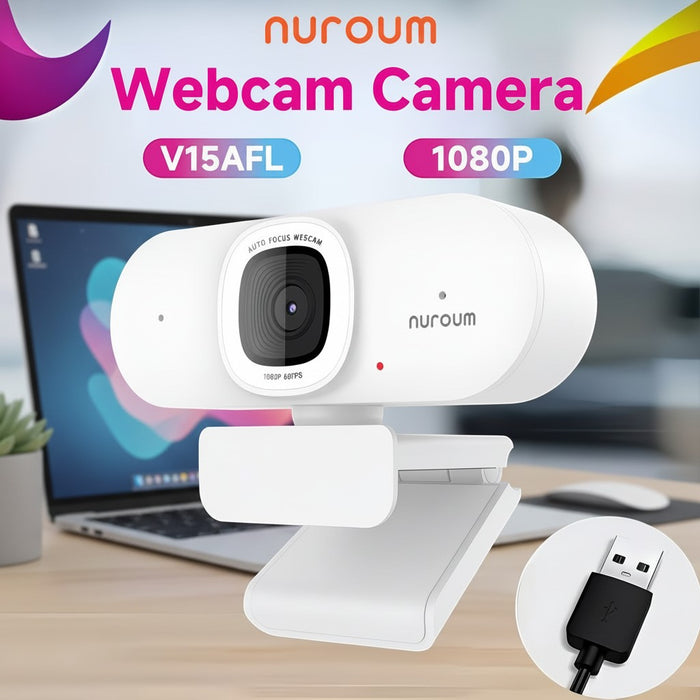 Blessing Sells white webcam with AI auto-framing, autofocus, 1080P resolution, and dual mics.