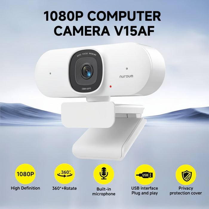 Blessing Sells white 1080P computer webcam with AI auto-framing, autofocus, built-in microphone, and privacy cover.