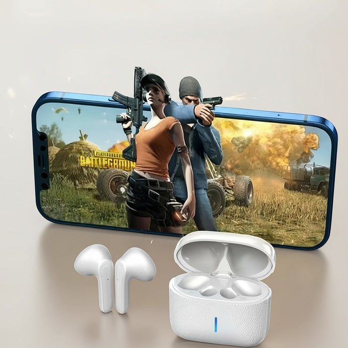 Blessing Sells white true wireless semi-in-ear earbuds with charging case, shown with a smartphone displaying a game.