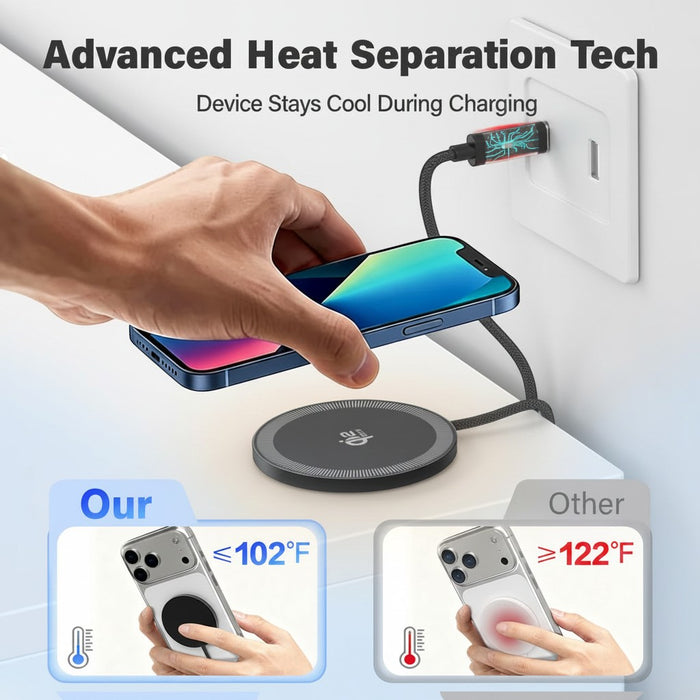 Blessing Sells compact wireless charging pad, black, with advanced heat separation tech keeping devices cool.