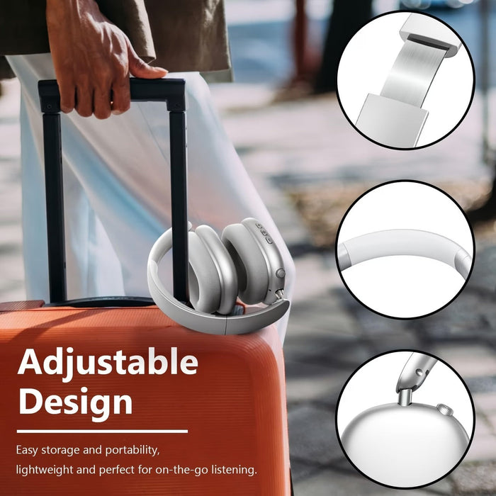 Blessing Sells wireless over-ear headphones in silver, featuring Hi-Res sound and adjustable design for portability.
