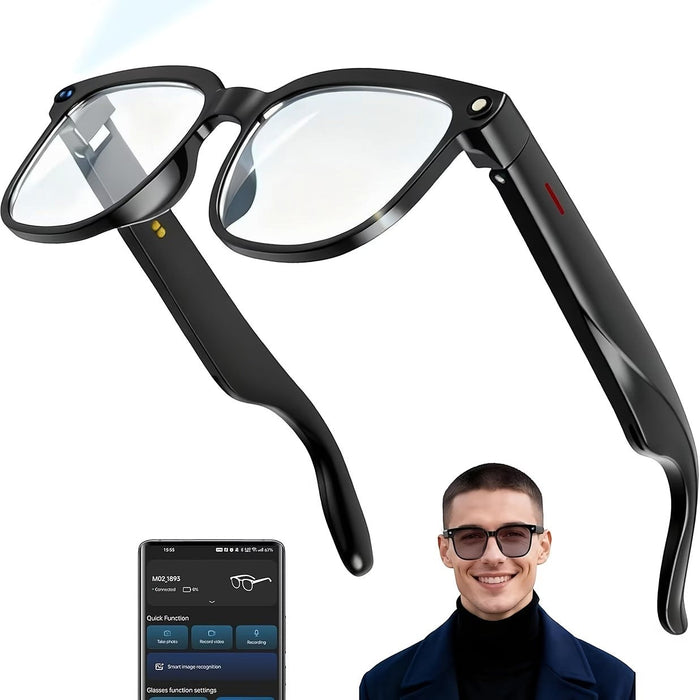 Blessing smart eyewear with integrated camera, black frames, clear lenses, and a discreet camera lens on the left frame.
