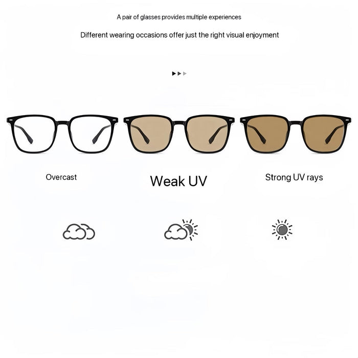 Blessing Sells unisex matte black full-frame smart glasses with photosensitive lenses that change tint based on UV light.