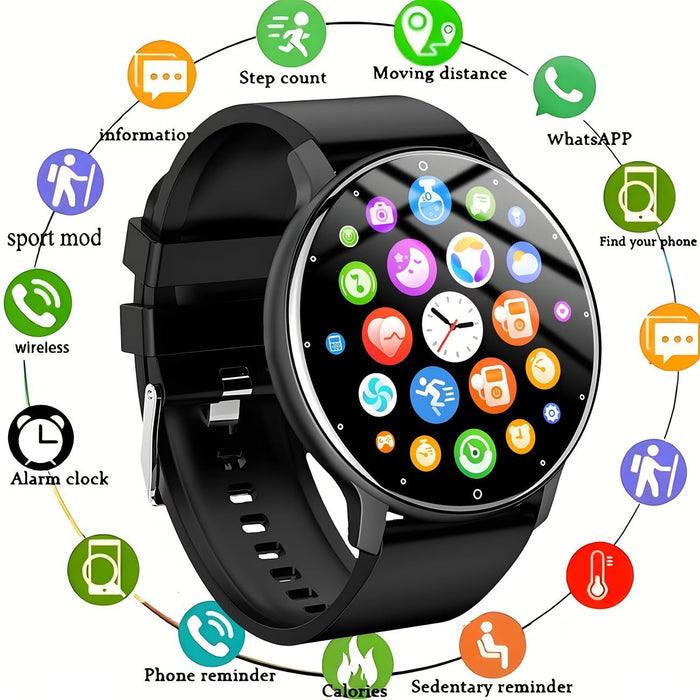 Blessing Smart Health Watch with a black silicone band and a round touchscreen displaying various app icons and a clock face.