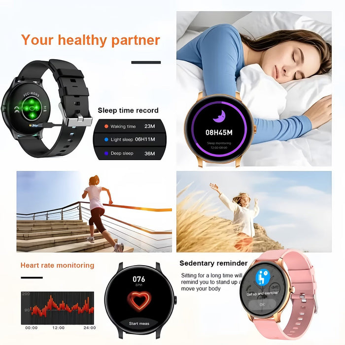 Blessing Sells Smart Health Watch in black and gold, displaying sleep tracking, heart rate, and activity monitoring. Ideal for fitness and daily connection.