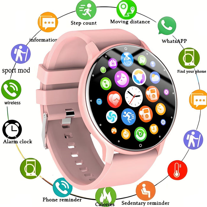 Blessing Smart Health Watch in pink silicone with a round touchscreen displaying app icons for fitness and communication.