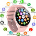 Blessing Smart Health Watch in pink silicone with a round touchscreen displaying app icons for fitness and communication.