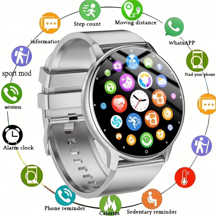 Blessing Smart Health Watch with a silver metal band and round touchscreen displaying app icons for fitness, communication, and health monitoring.