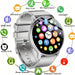Blessing Smart Health Watch with a silver metal band and round touchscreen displaying app icons for fitness, communication, and health monitoring.