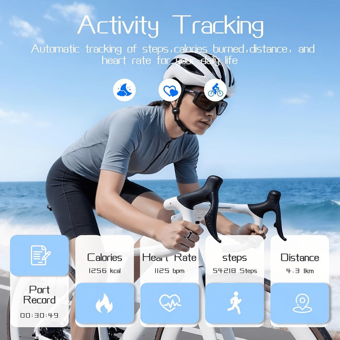 Blessing Smart Ring on cyclist's finger, tracking activity like steps, calories, heart rate, and distance.