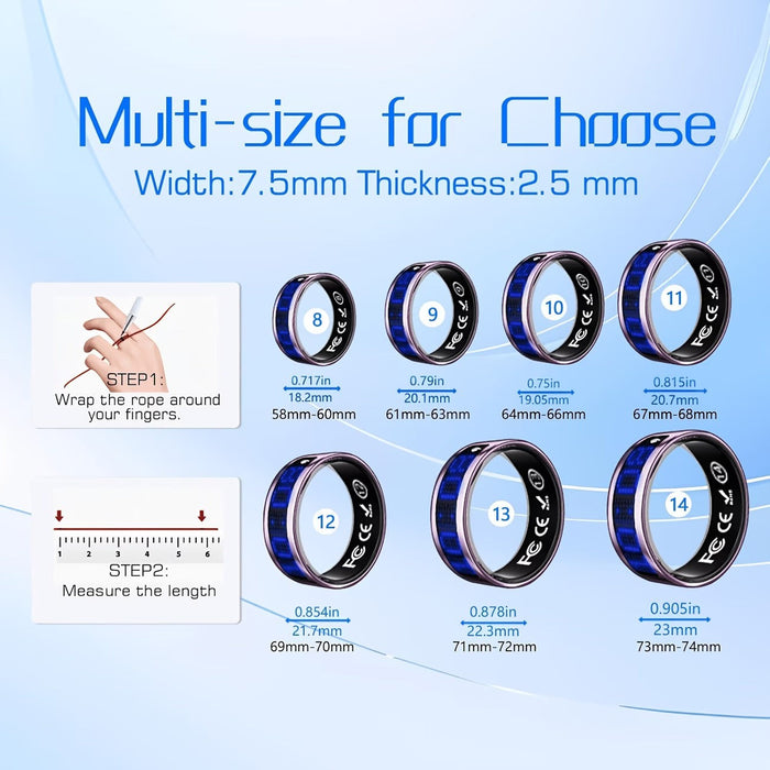 Blessing Smart Ring in black with blue accents, showing sizes 8-14 and measurement guide.