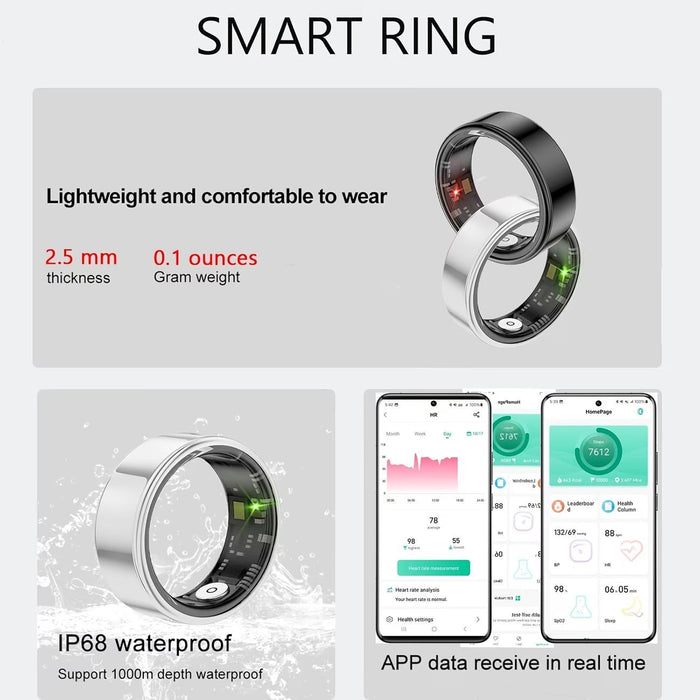 Blessing Smart Ring in silver and black, lightweight, 2.5mm thick, 0.1 oz, IP68 waterproof, tracks fitness and health data on app.