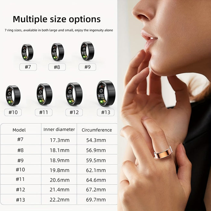 Blessing Smart Ring for men and women, black, with digital display showing fitness data. Multiple sizes available.