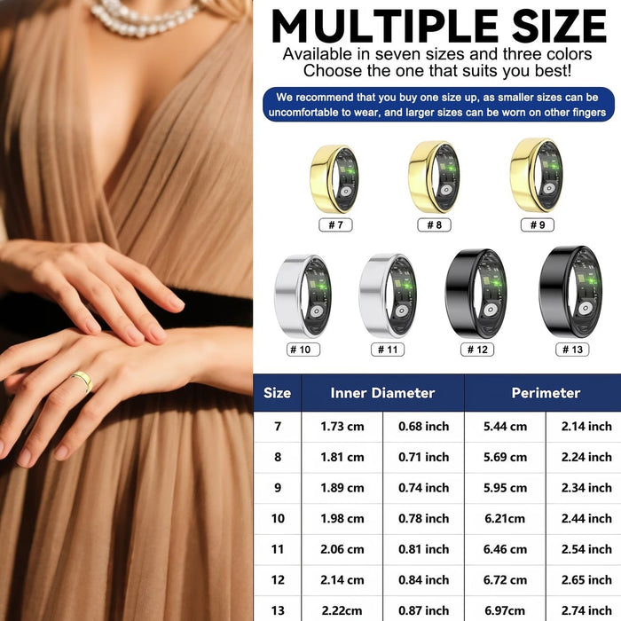 Blessing Smart Ring for Women in gold, silver, and black, displaying health tracker features. Model wears a gold ring.
