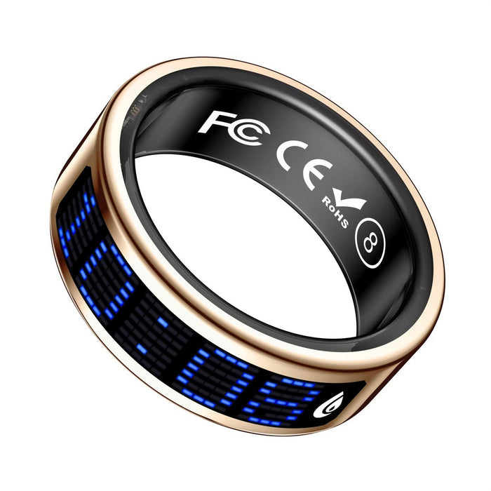 Blessing Smart Ring in rose gold with a black interior displaying blue LED notifications. Features wellness tracking.