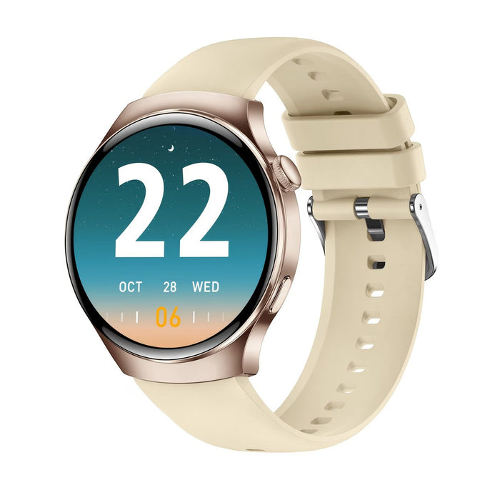 Blessing Smart Watch 4 Pro with a rose gold bezel and a cream silicone band. Features a large digital display showing date and time.
