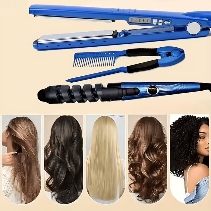3-in-1 Hair Styling Set: Curling Iron, Straightener & Comb with Anti-Scalding Feature
